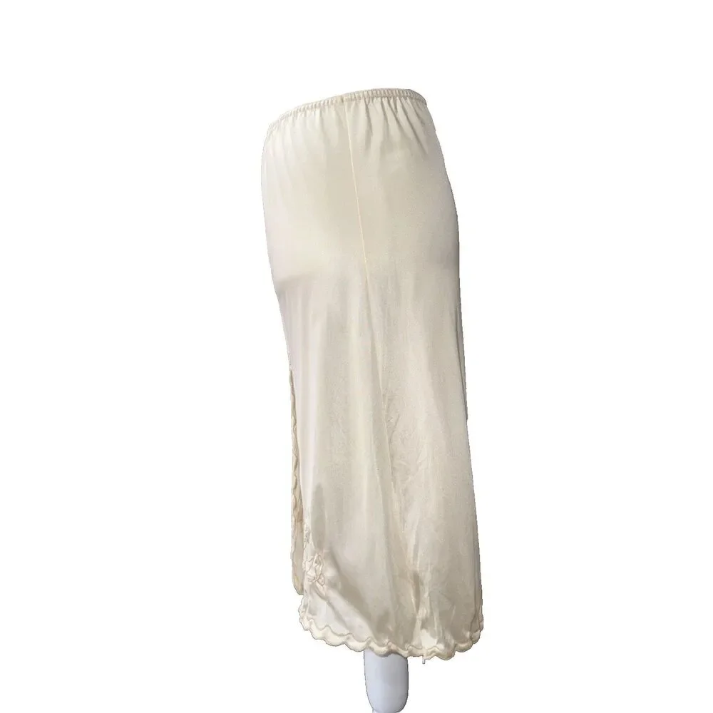 Vintage Vincent Nylon Half Slip Ivory Lace Trim High Slit 90s Lingerie Skirt S